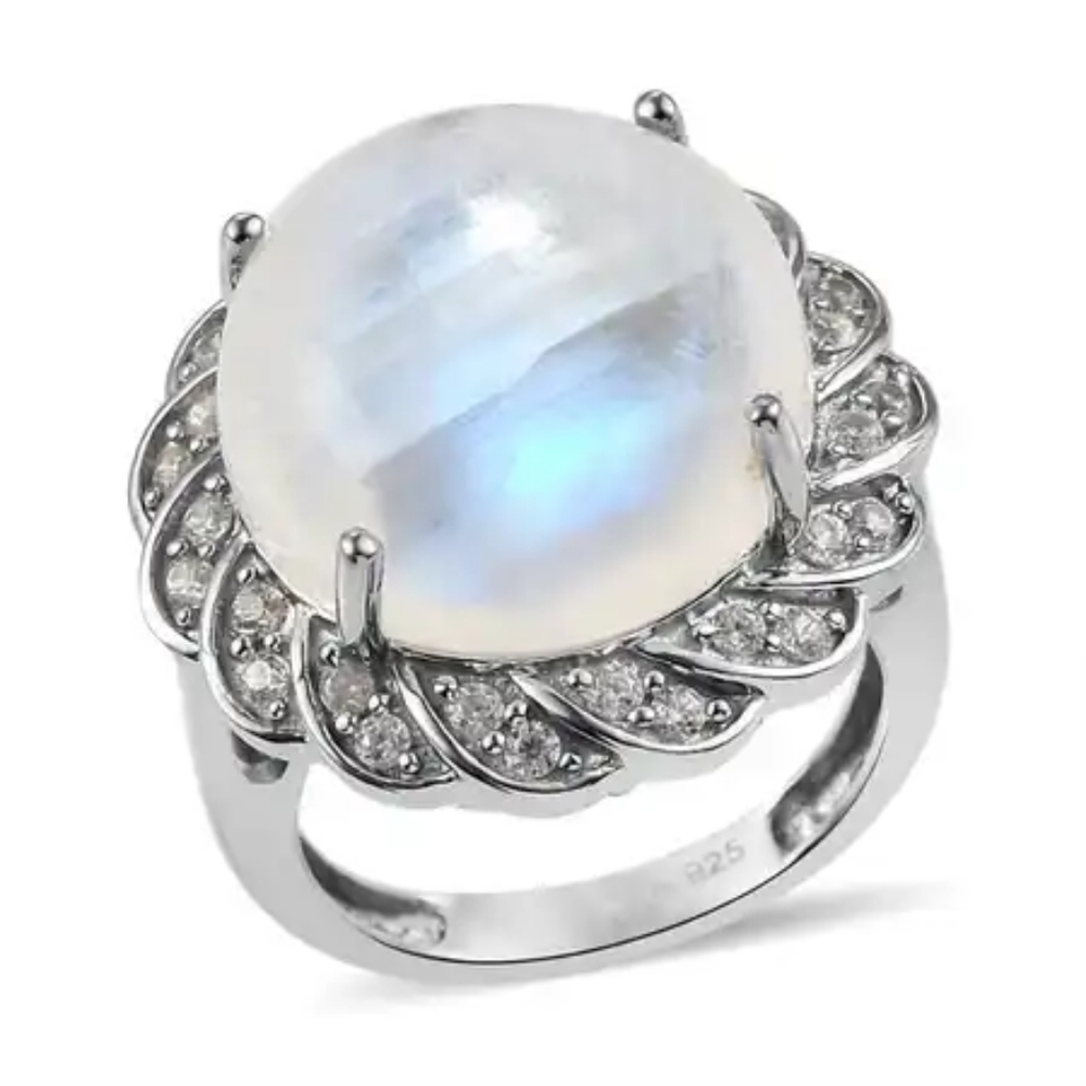 Rainbow Moonstone and Natural White Zircon Ring in Platinum Over Sterling Silver